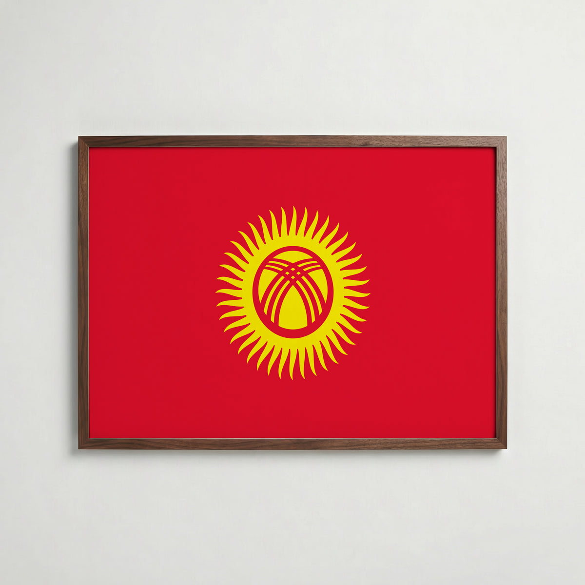 Kyrgyzstan National Flag Poster i valnötsram – varm konstaffisch för hemmet från Bozetto