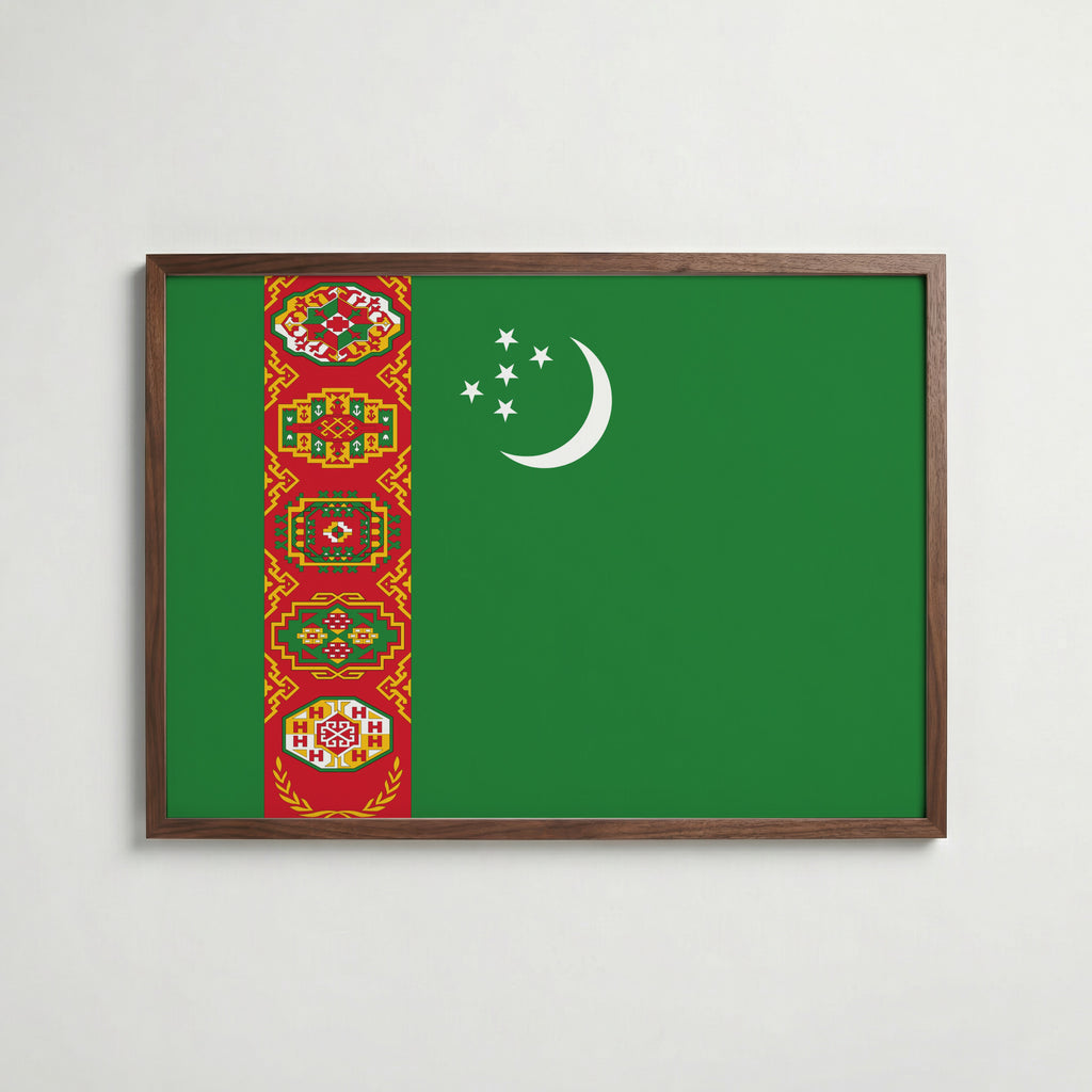 Turkmenistan National Flag Poster i valnötsram – varm konstaffisch för hemmet från Bozetto