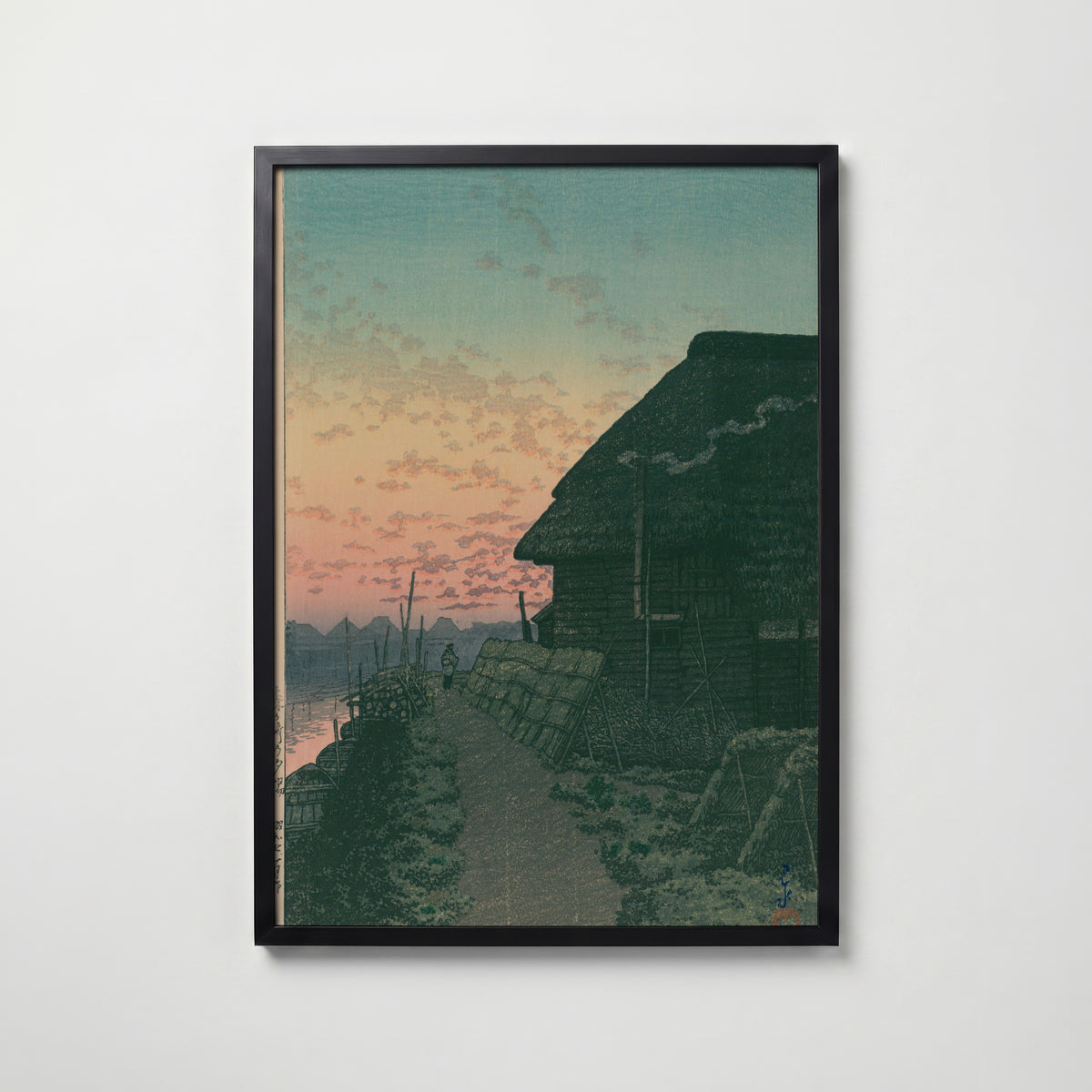 Hasui Kawase Sunset at Morigasaki 1932 Poster – svart ram