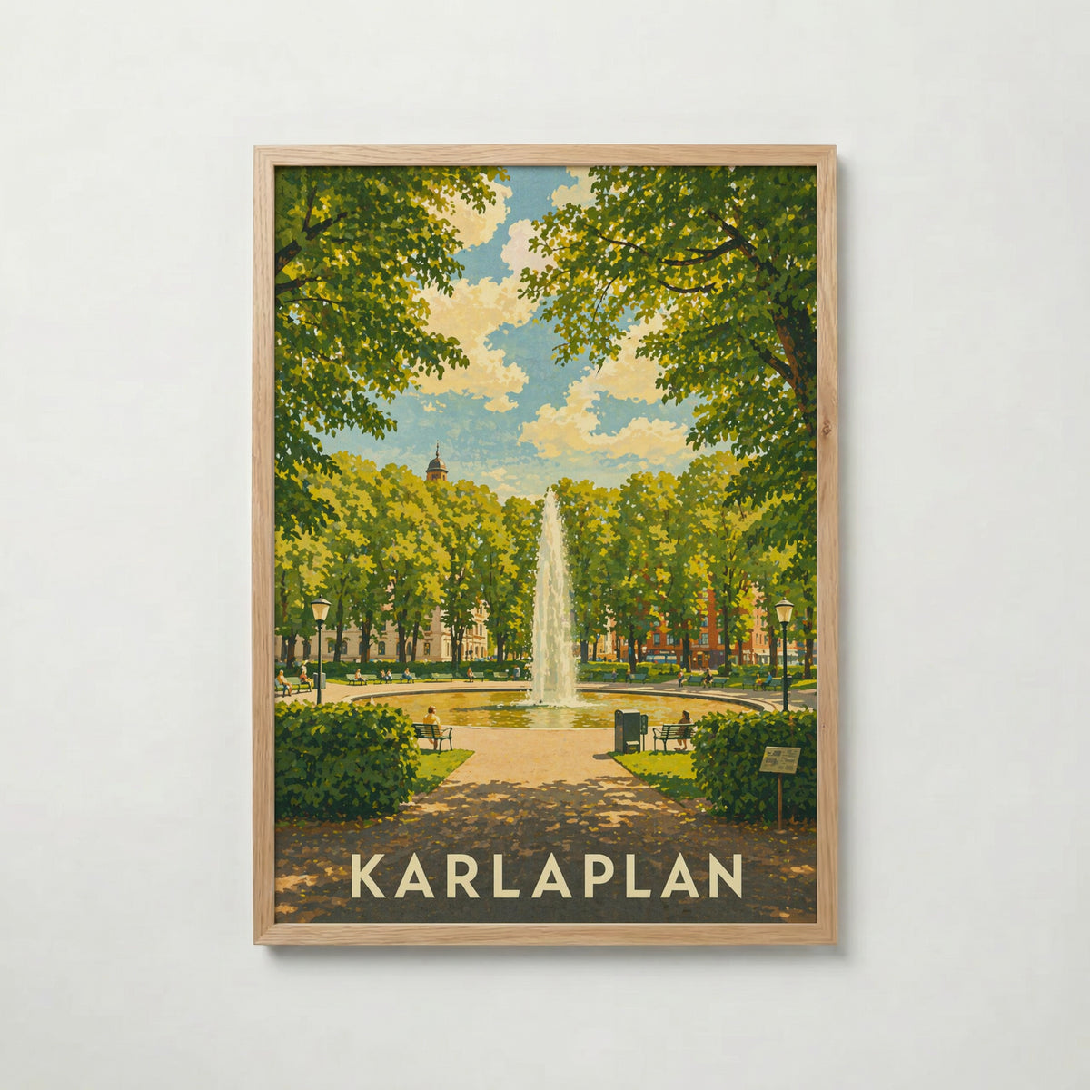 Karlaplan Stockholm i ekram med ljust trä – köp enkelt hos Bozetto affisch i hög kvalitet