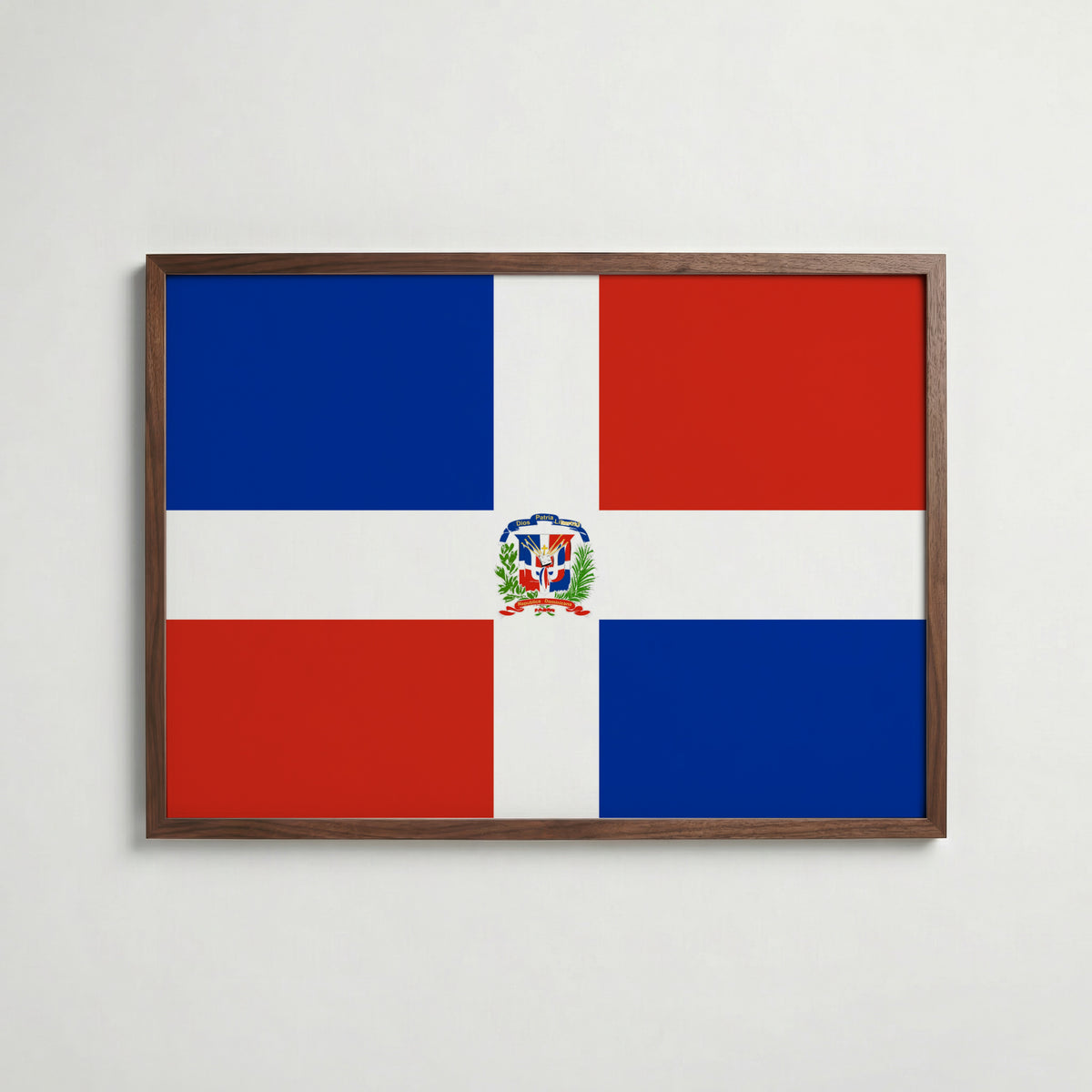 Dominican Republic National Flag Poster i valnötsram – varm konstaffisch för hemmet från Bozetto
