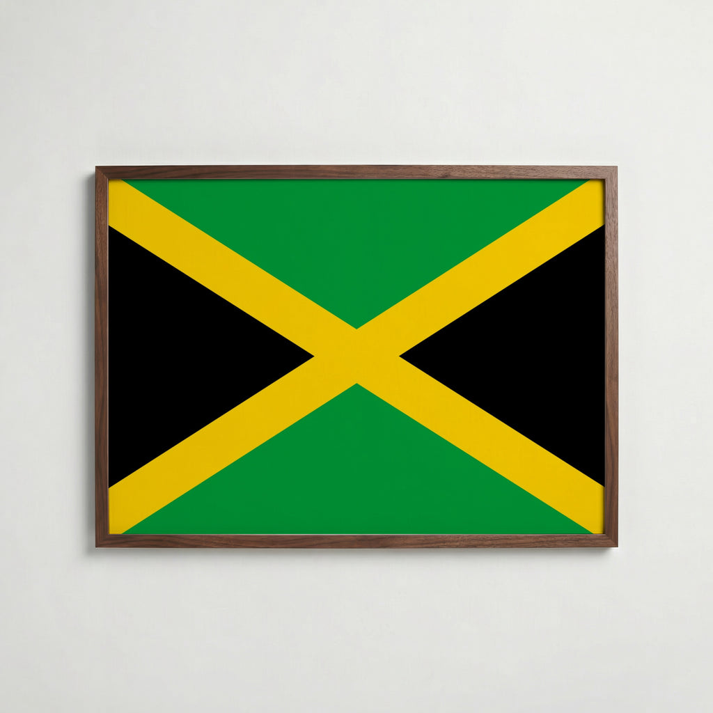 Jamaica National Flag Poster i valnötsram – varm konstaffisch för hemmet från Bozetto