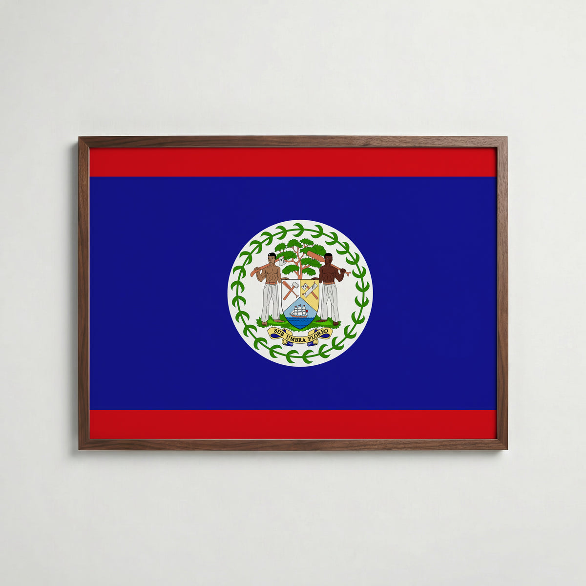 Belize National Flag Poster i valnötsram – varm konstaffisch för hemmet från Bozetto