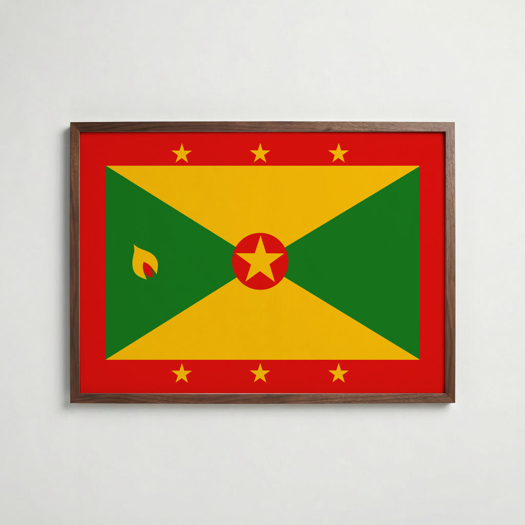 Grenada National Flag Poster i valnötsram – varm konstaffisch för hemmet från Bozetto