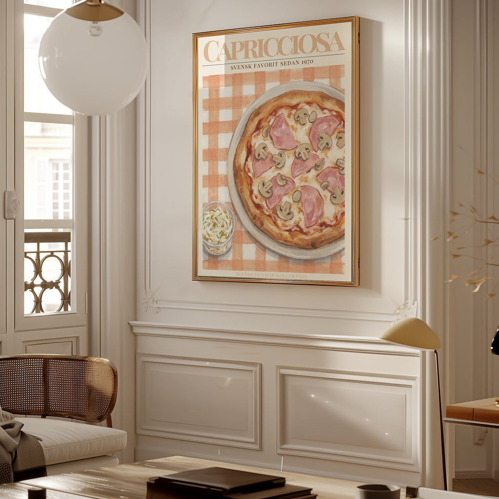 Capricciosa Pizza affisch i ljust minimalistiskt vardagsrum – köp enkelt hos Bozetto