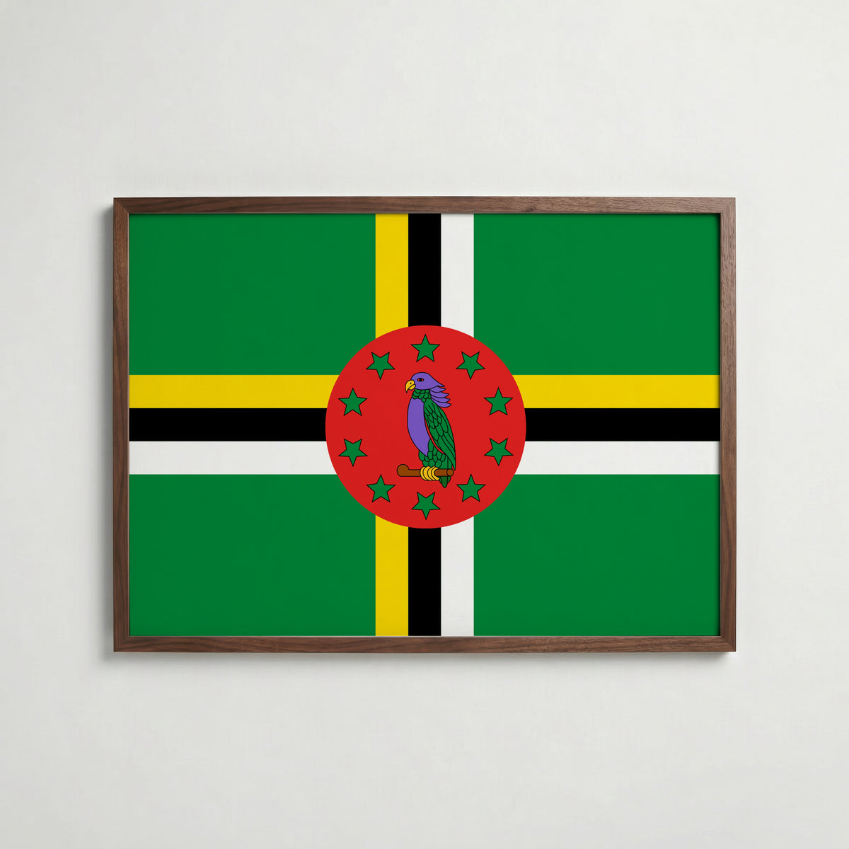 Dominica National Flag Poster i valnötsram – varm konstaffisch för hemmet från Bozetto