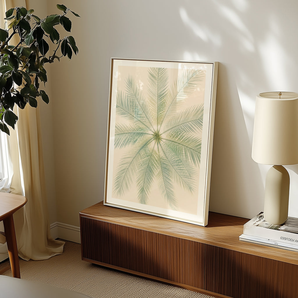 Mirrored Palm affisch i minimalistiskt sovrum – köp enkelt hos Bozetto i hög kvalitet