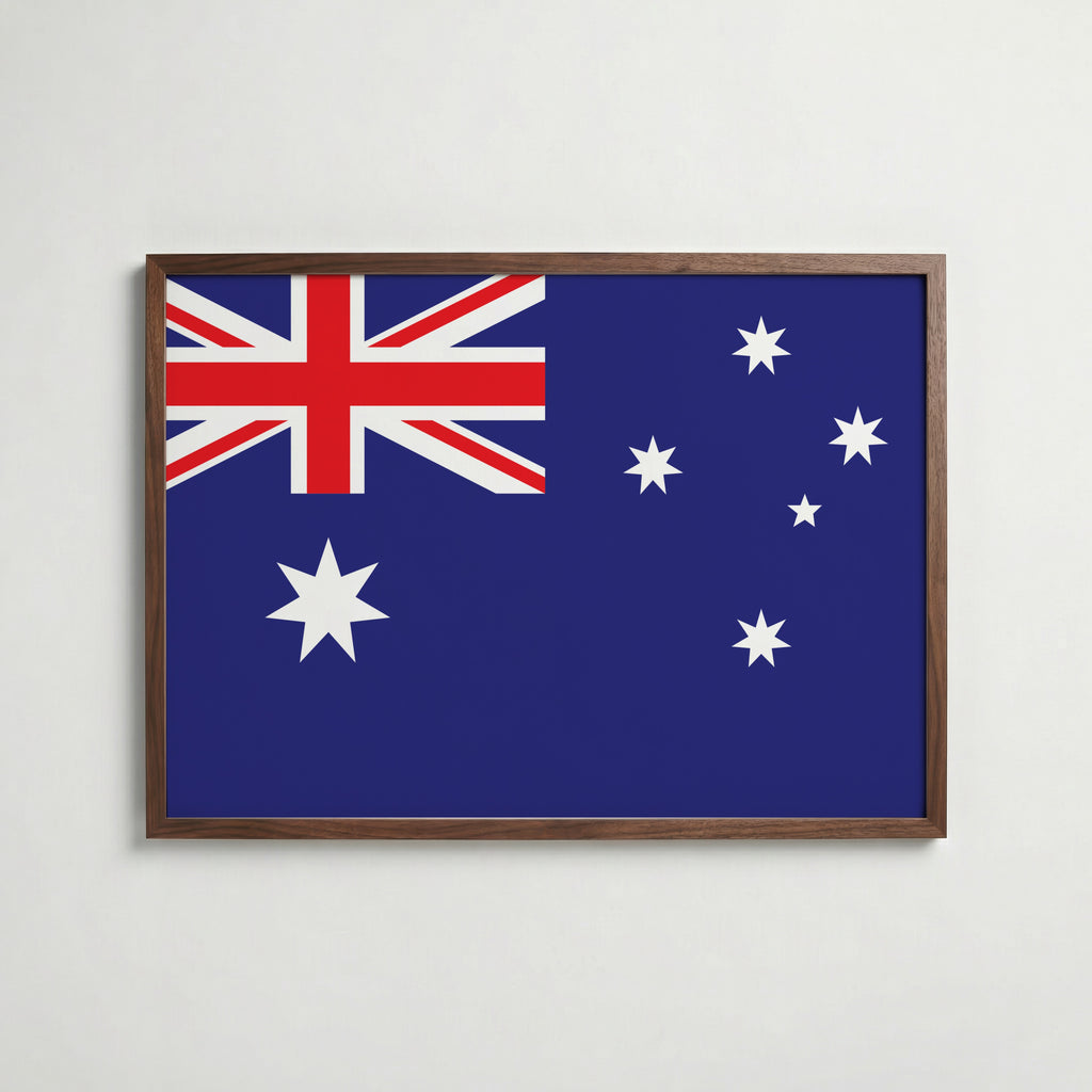 Australia National Flag Poster i valnötsram – varm konstaffisch för hemmet från Bozetto