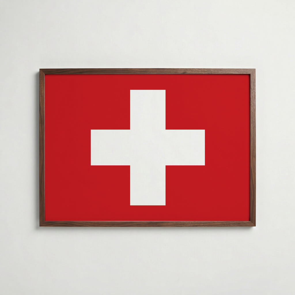Switzerland National Flag Poster i valnötsram – varm konstaffisch för hemmet från Bozetto