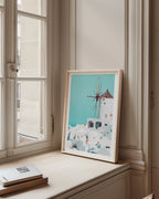 Mockup av Santorini Windmill affisch på vägg – köp enkelt hos Bozetto i hög kvalitet