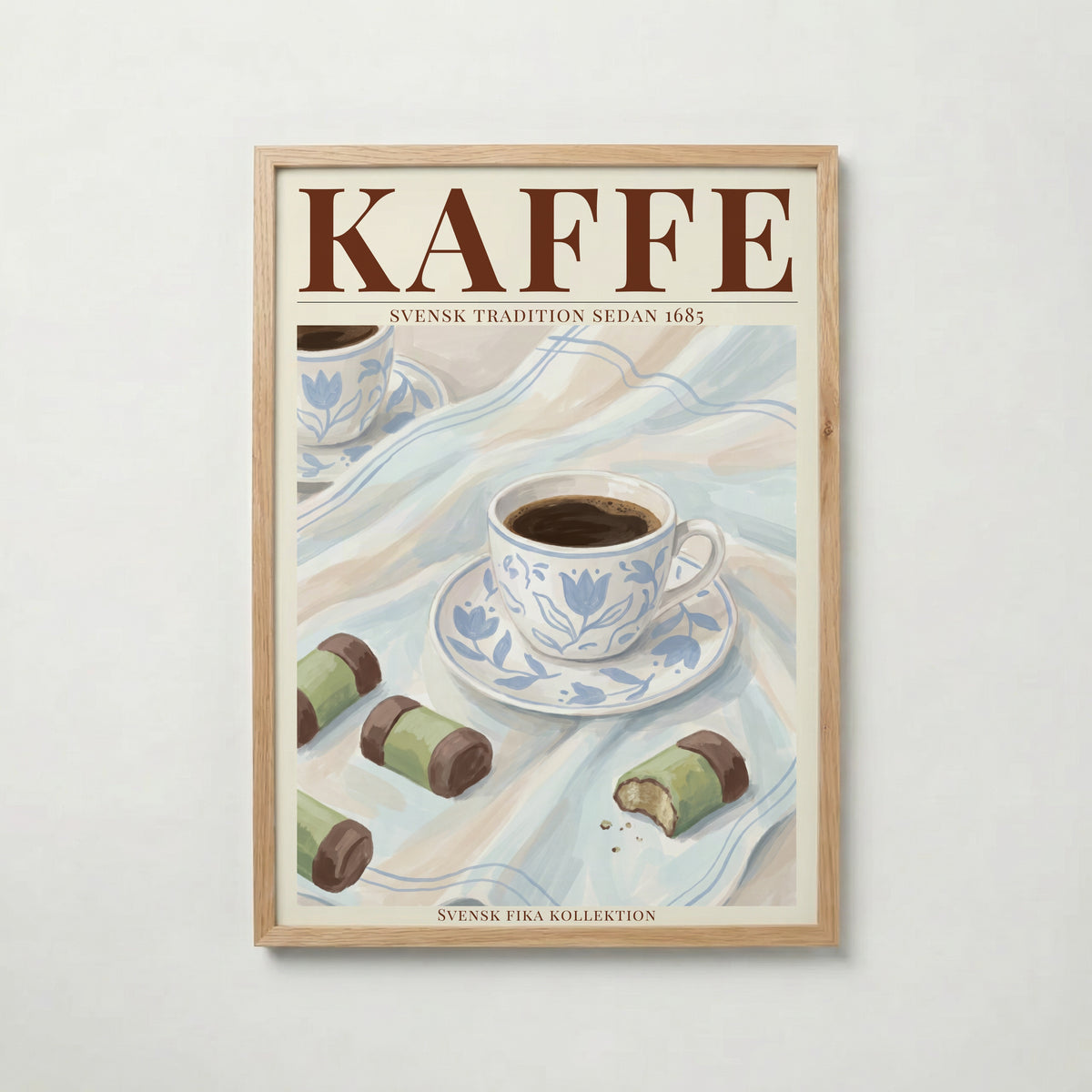 Kaffe poster inramad i ljus ekram med naturligt träutseende – från Bozetto i hög tryckkvalitet
