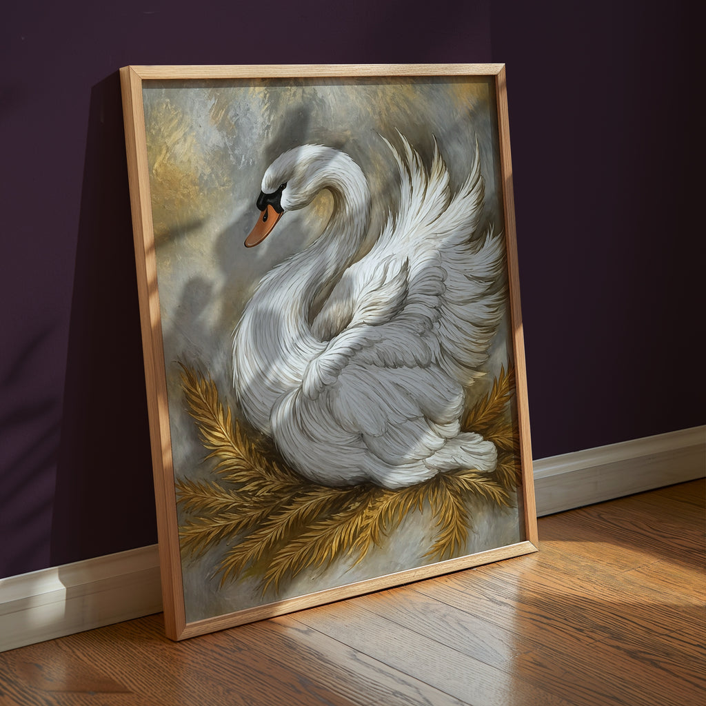 Golden Swan affisch i ljust minimalistiskt vardagsrum – köp enkelt hos Bozetto i hög kvalitet