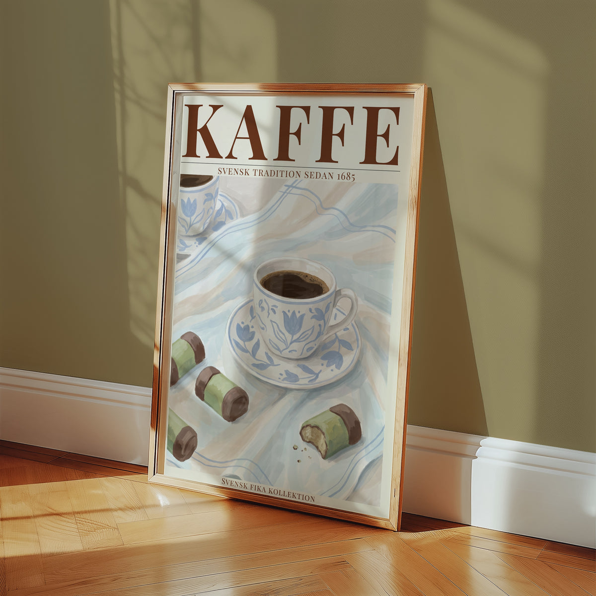 Kaffe affisch ovanför säng i minimalistiskt och stilrent sovrum – Bozetto i hög tryckkvalitet