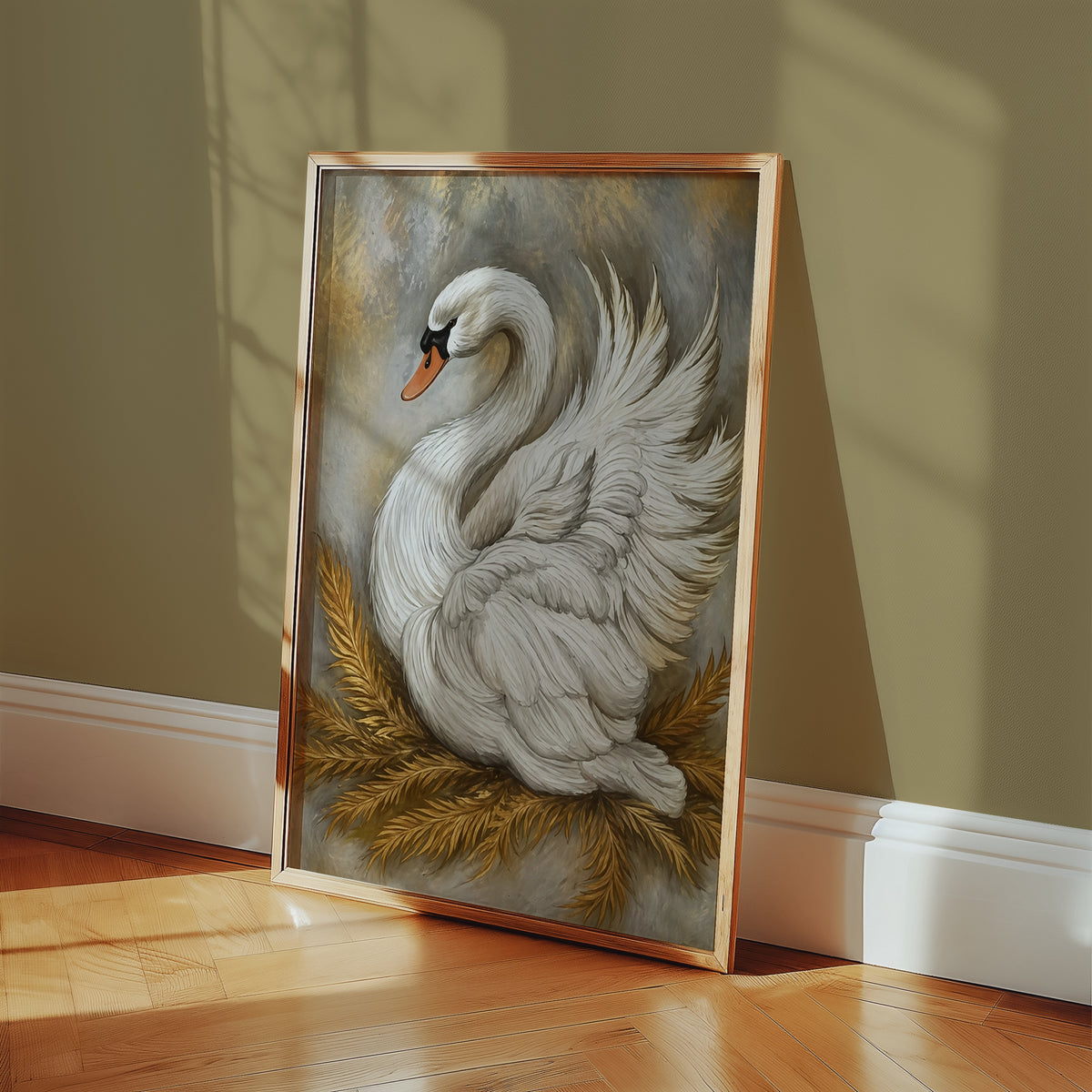 Golden Swan affisch i minimalistiskt sovrum – köp enkelt hos Bozetto i hög kvalitet