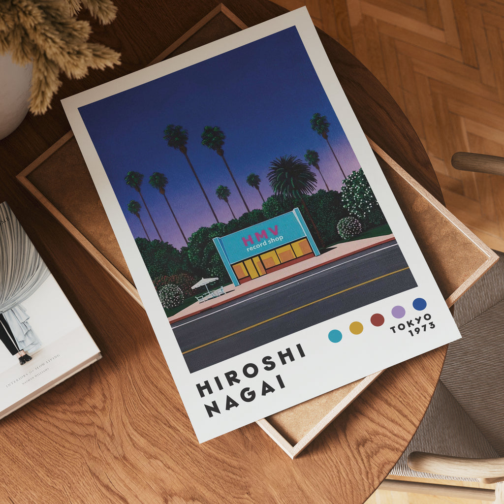 Väggmockup med Hiroshi Nagai HMV Record – köp enkelt hos Bozetto affisch i hög kvalitet