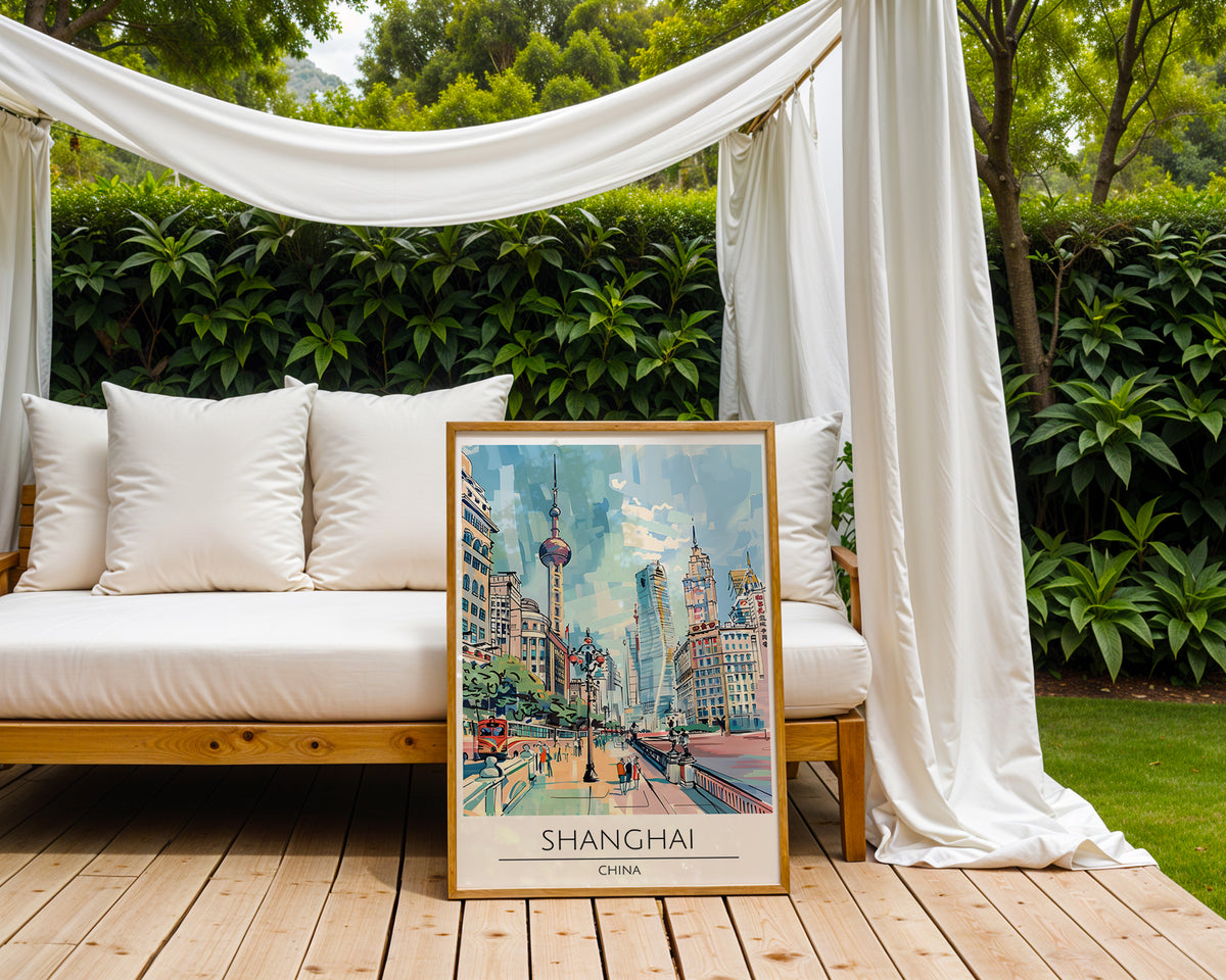 Väggmockup av Shanghai Skyline Walk affisch på ljus vägg – Bozetto konsttryck – nr 3