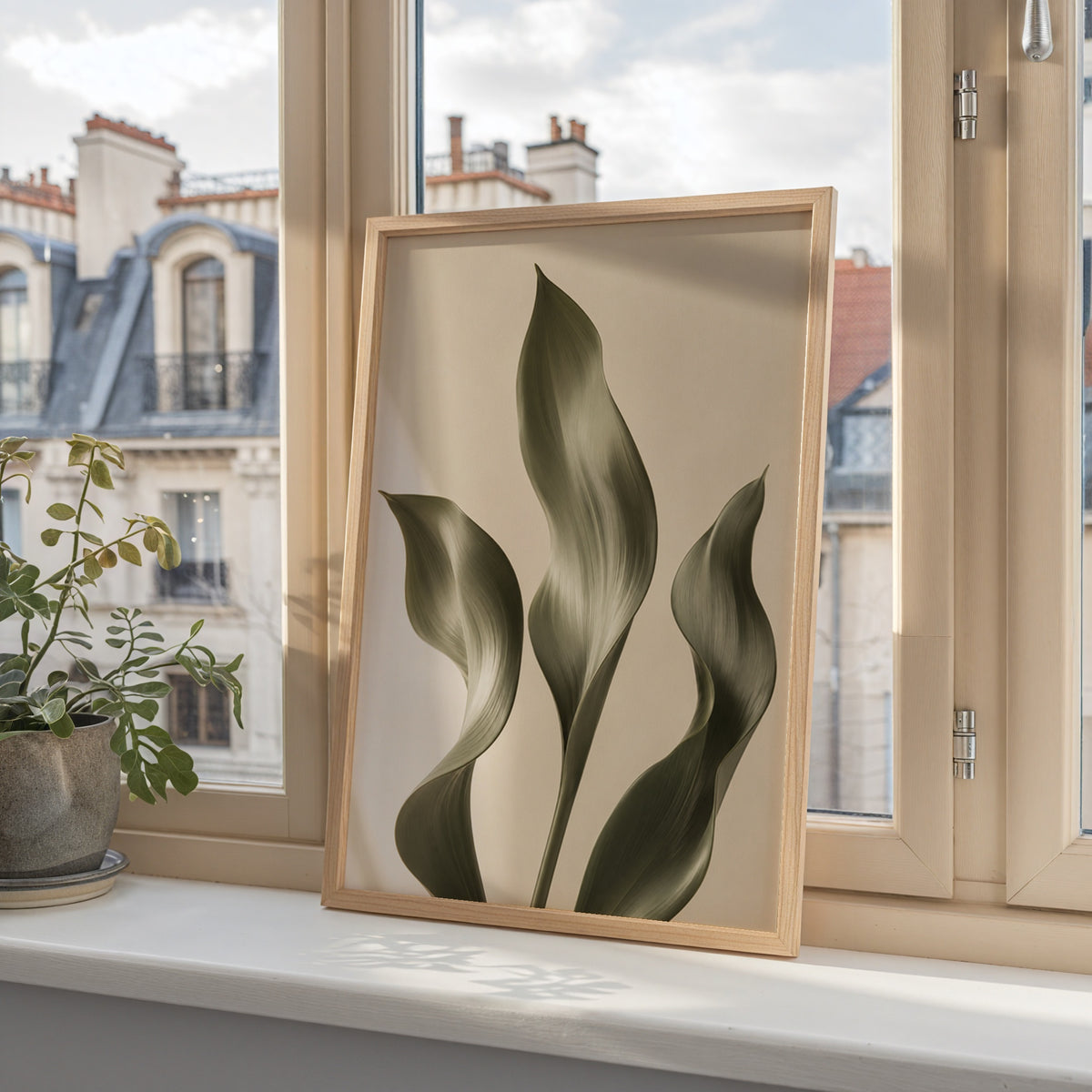 Swaying Leaf Trio affisch i minimalistiskt sovrum – köp enkelt hos Bozetto i hög kvalitet