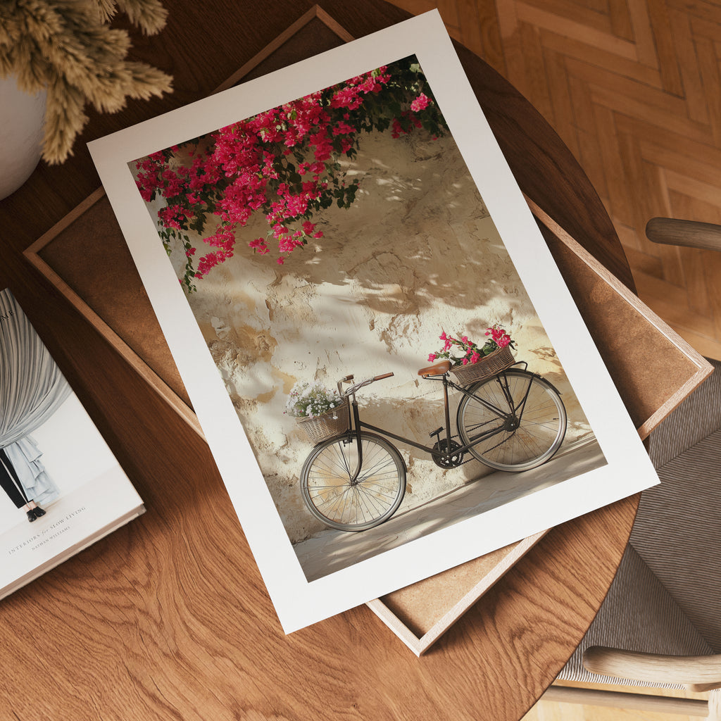 Bougainvillea Bicycle poster visad rakt fram – Bozetto affisch i hög tryckkvalitet