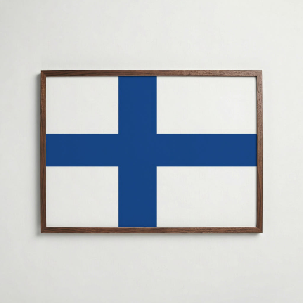 Finland National Flag Poster i valnötsram – varm konstaffisch för hemmet från Bozetto