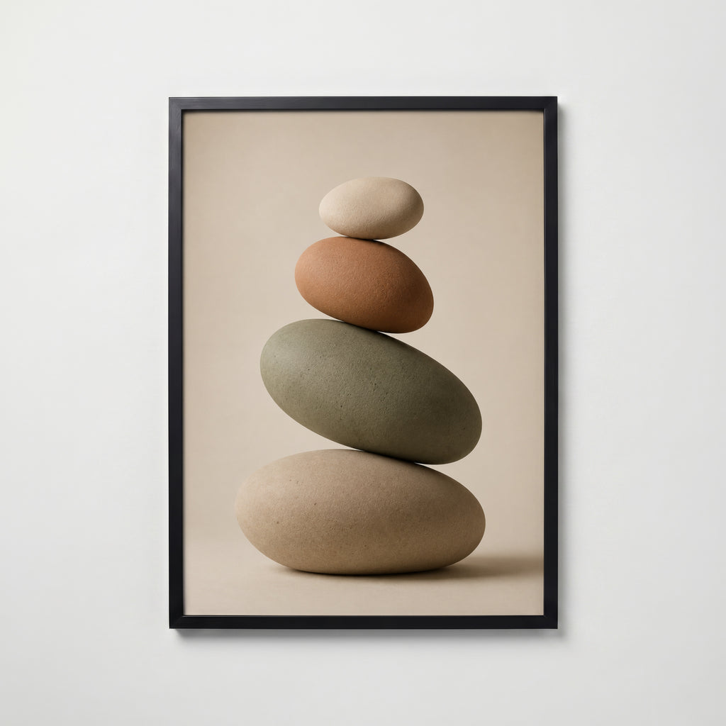 Balanced Stone Cairn i svart ram på vägg – köp enkelt hos Bozetto affisch i hög kvalitet