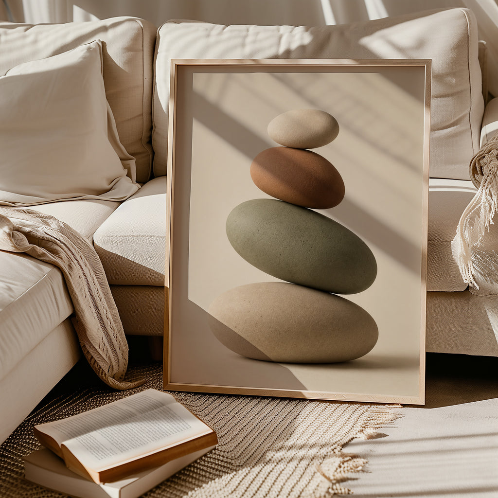 Balanced Stone Cairn affisch i ljust minimalistiskt vardagsrum – köp enkelt hos Bozetto