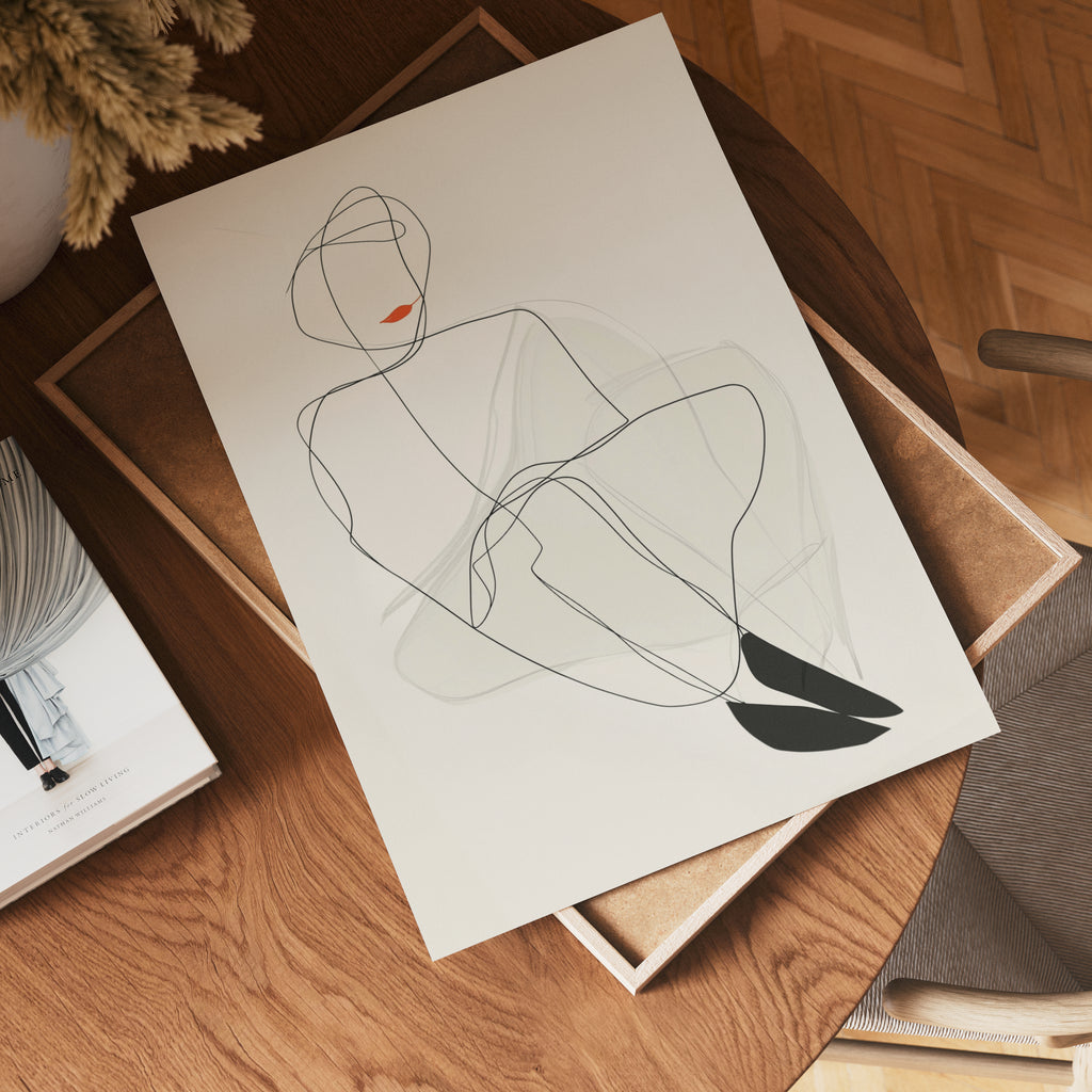 Red Lips Line Woman poster visad rakt fram – Bozetto affisch i hög tryckkvalitet