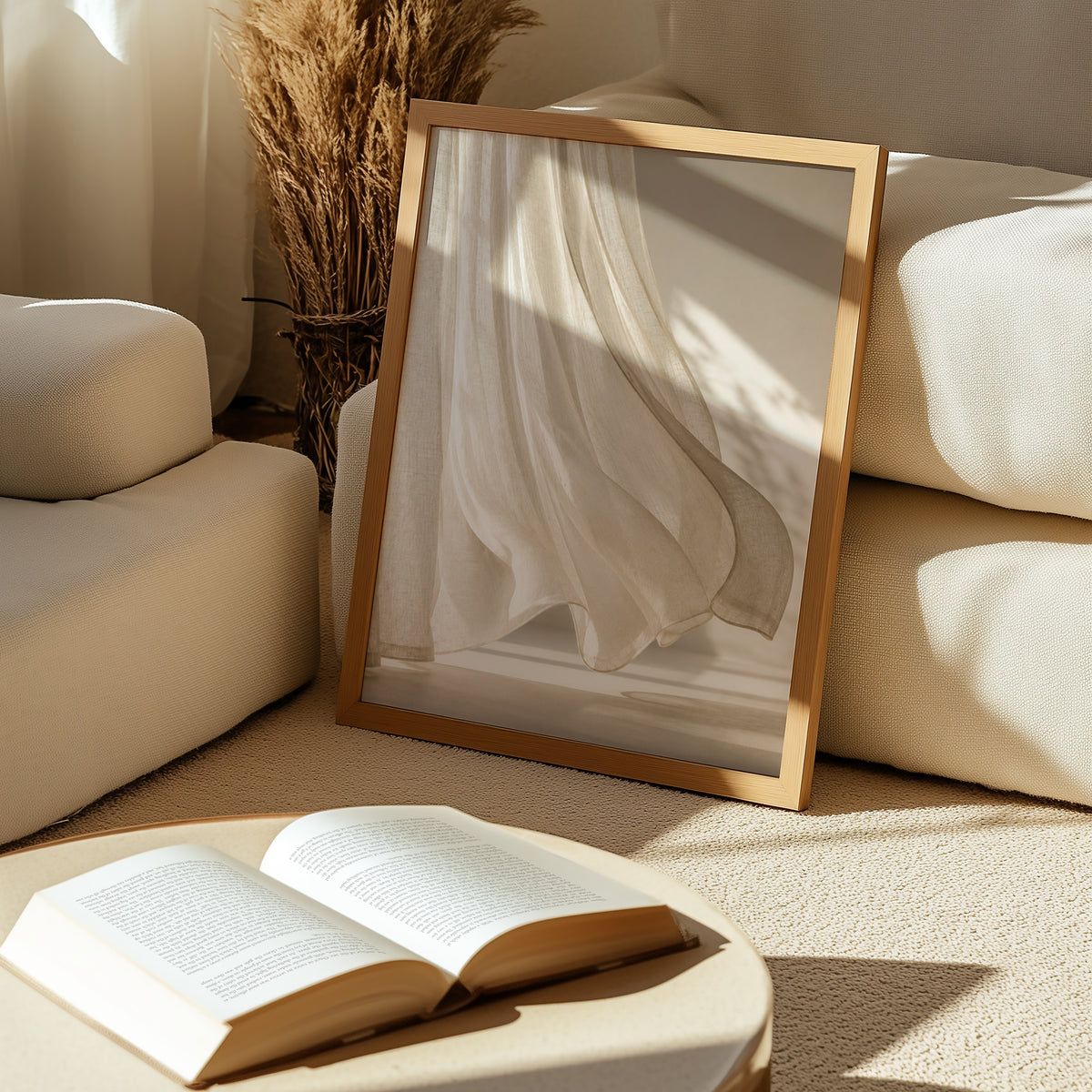 Drifting Linen affisch i ljust minimalistiskt vardagsrum – köp enkelt hos Bozetto