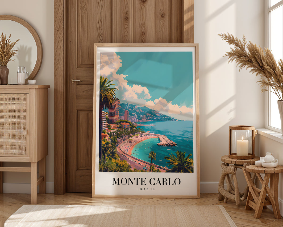The Monte Carlo poster visualiserad på vägg – se rätt storlek med mockup från Bozetto
