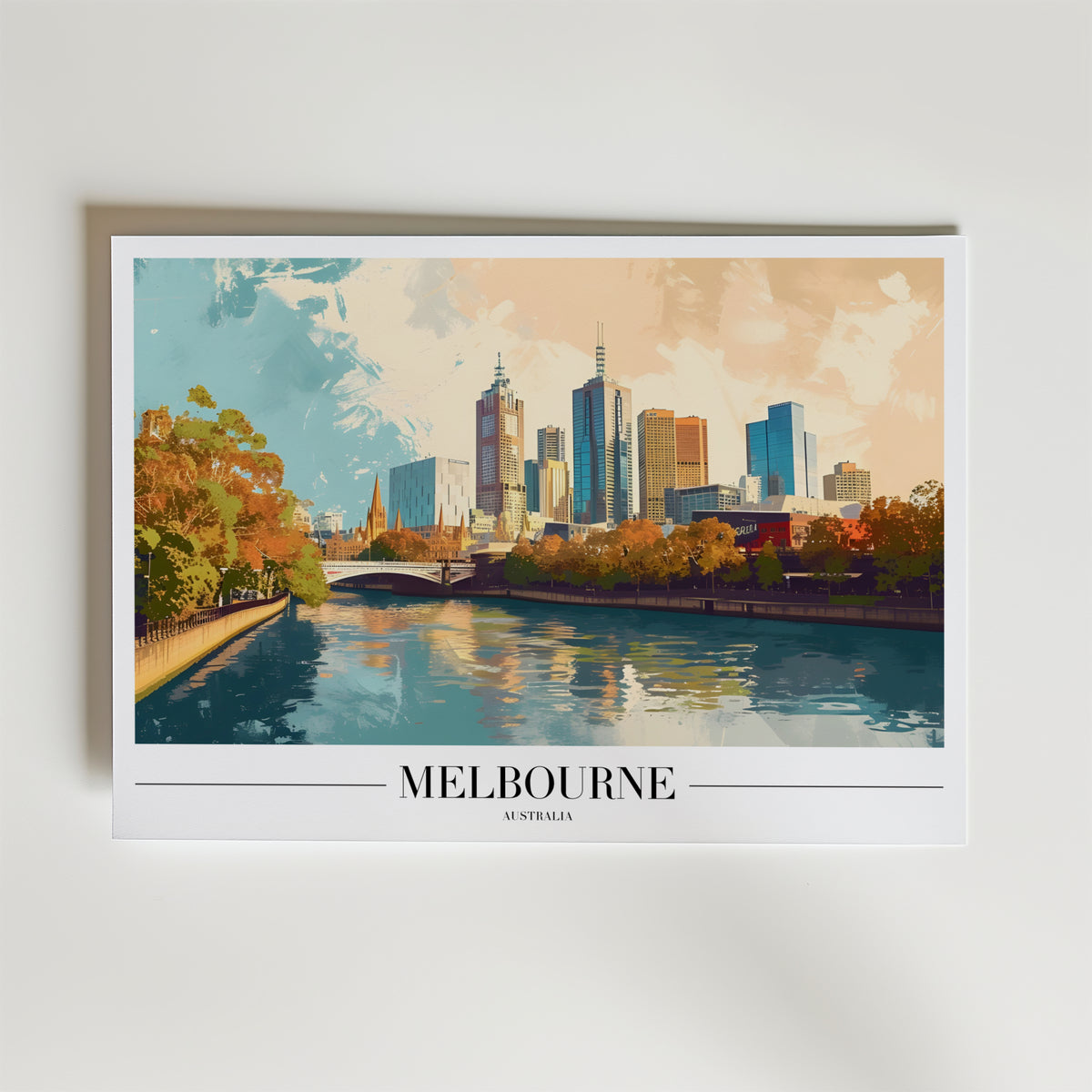 Melbourne Skyline – stilfullt konsttryck från Bozetto, tryckt på matt finpapper i hög tryckkvalitet