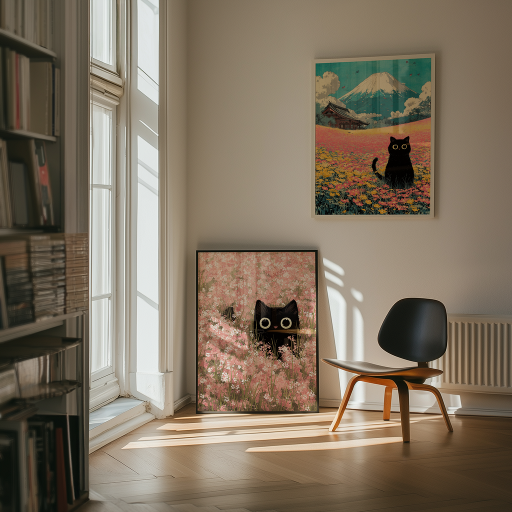 Mockup av Whispering Fields Cat affisch på vägg – köp enkelt hos Bozetto i hög kvalitet