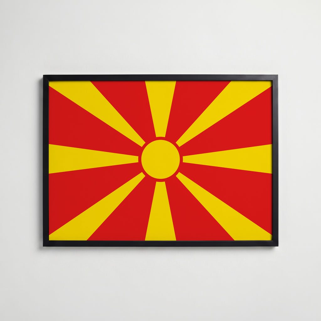 North Macedonia National Flag Poster i svart ram – stilren konsttryck som väggdekor från Bozetto