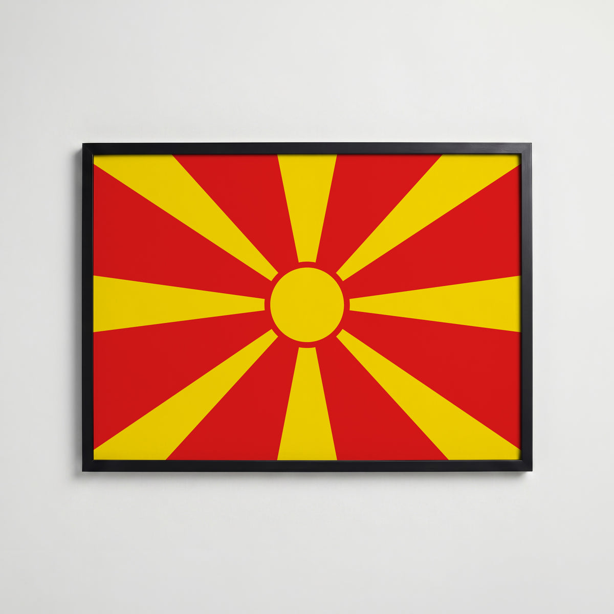 North Macedonia National Flag Poster i svart ram – stilren konsttryck som väggdekor från Bozetto