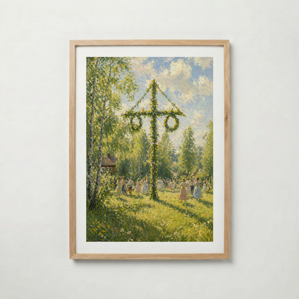 Midsommar poster inramad i ljus ekram med naturligt träutseende – från Bozetto i hög tryckkvalitet