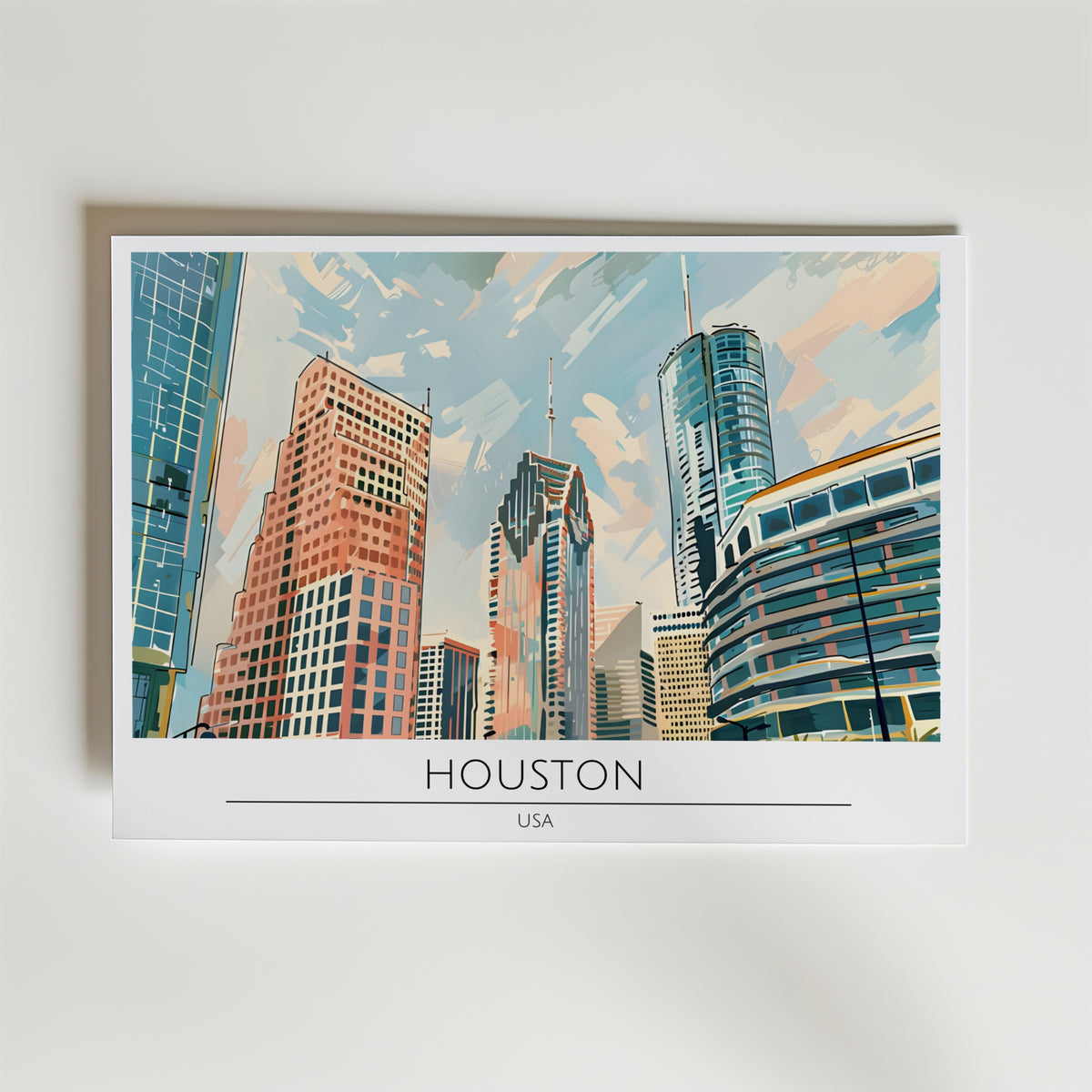Houston Skyline – stilfullt konsttryck från Bozetto, tryckt på matt finpapper i hög tryckkvalitet