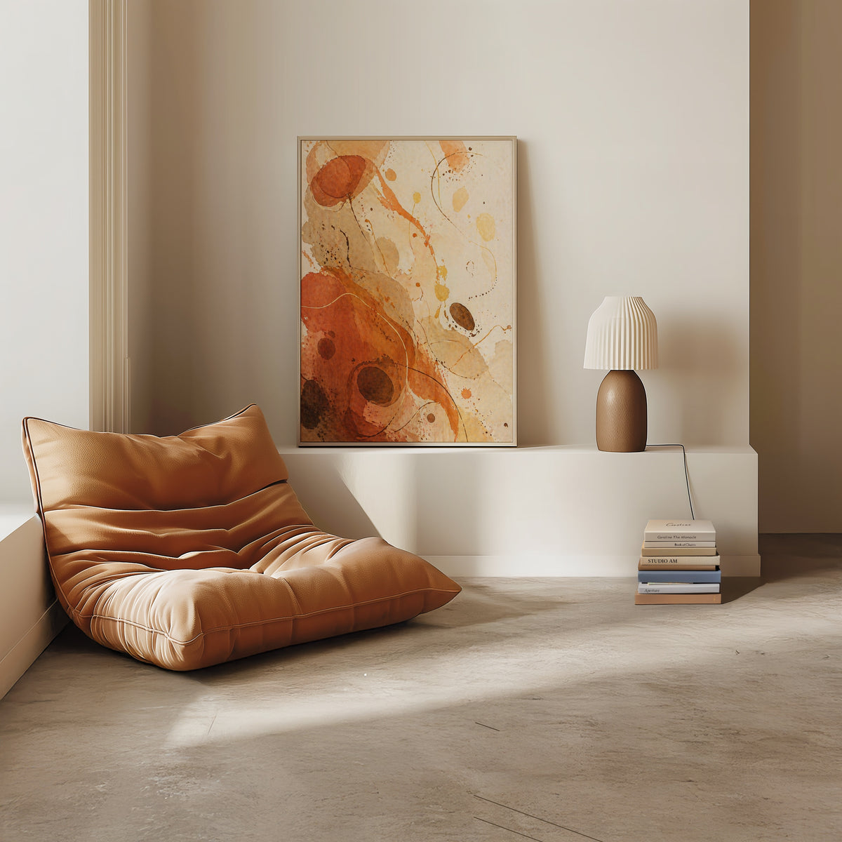 Terracotta Flow affisch i ljust minimalistiskt vardagsrum – köp enkelt hos Bozetto
