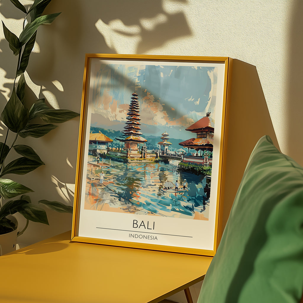 Mockup av Bali Temple Reflections affisch på vägg – köp enkelt hos Bozetto i hög kvalitet