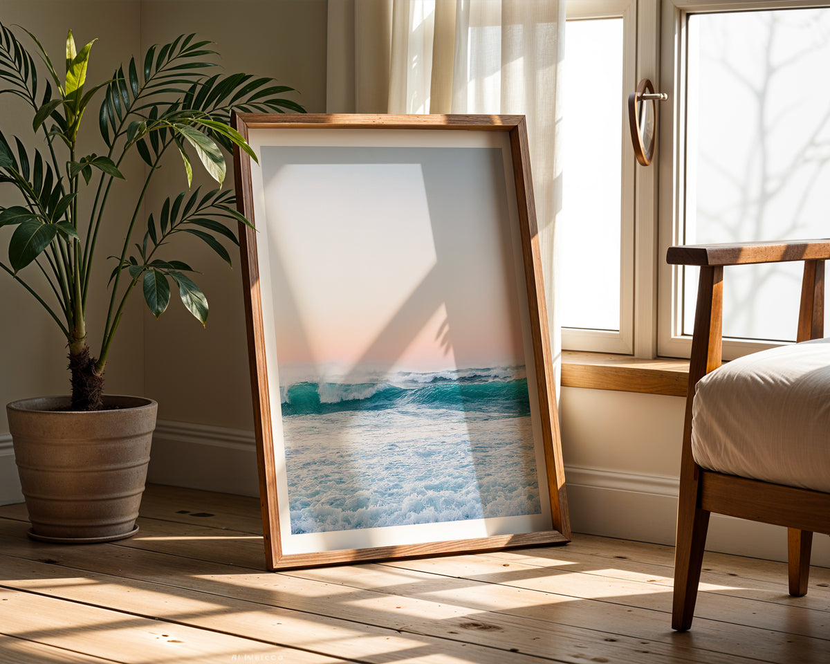 Väggmockup av Ocean Serenity affisch på ljus tegelvägg – Bozetto konsttryck i hög tryckkvalitet