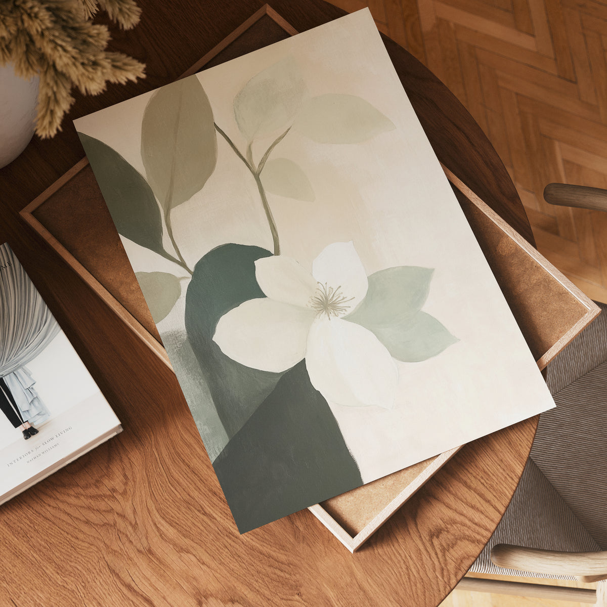Green And Beige Flowers poster visad rakt fram – Bozetto affisch i hög tryckkvalitet