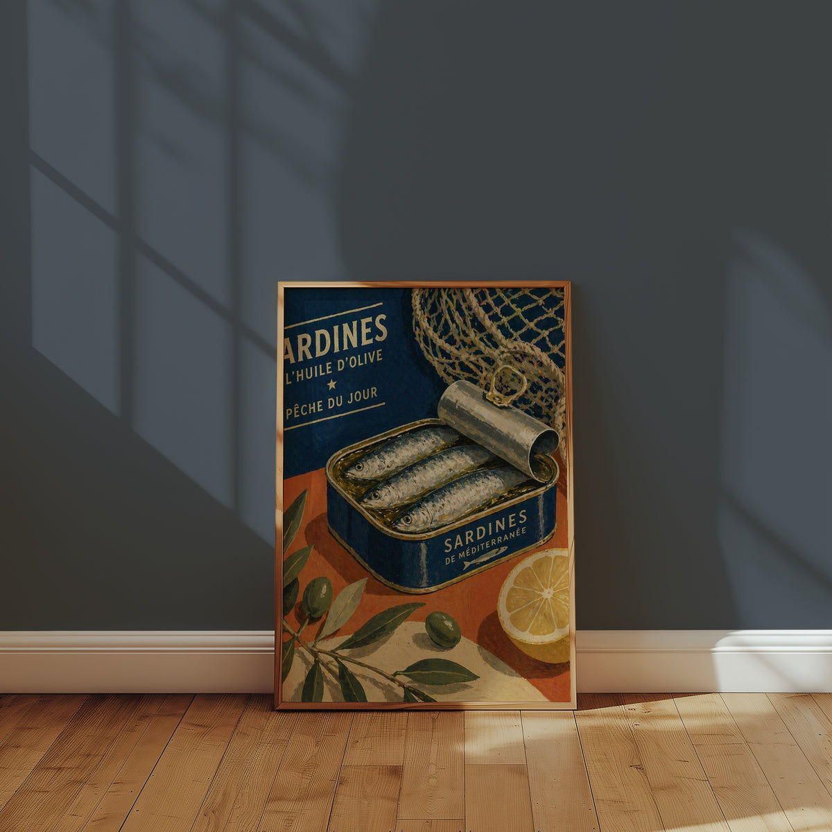 Sardines du Jour affisch i minimalistiskt sovrum – köp enkelt hos Bozetto i hög kvalitet