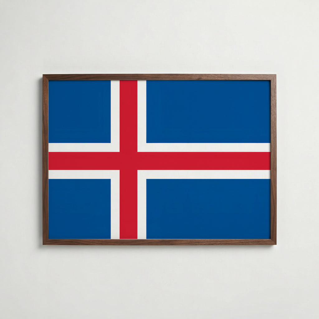 Iceland National Flag Poster i valnötsram – varm konstaffisch för hemmet från Bozetto