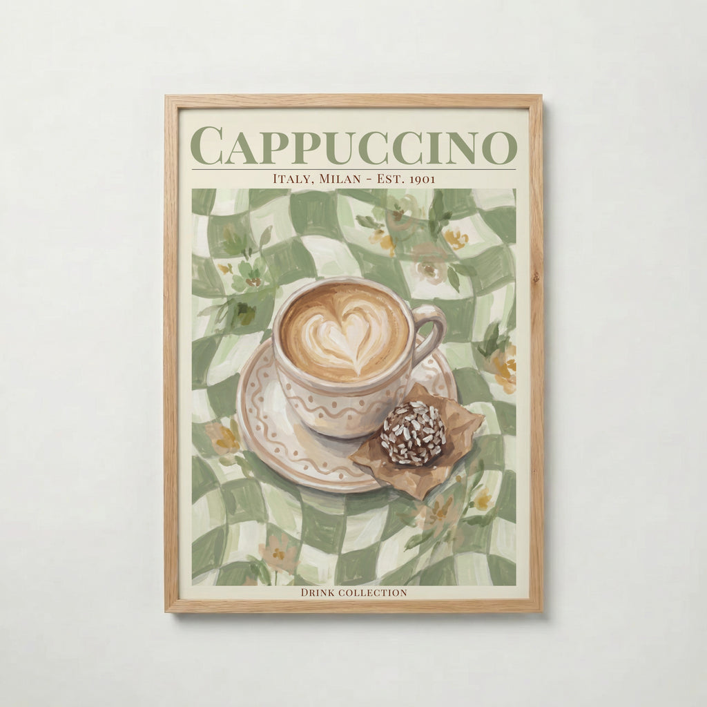 Cappuccino i ekram med ljust trä – köp enkelt hos Bozetto affisch i hög kvalitet