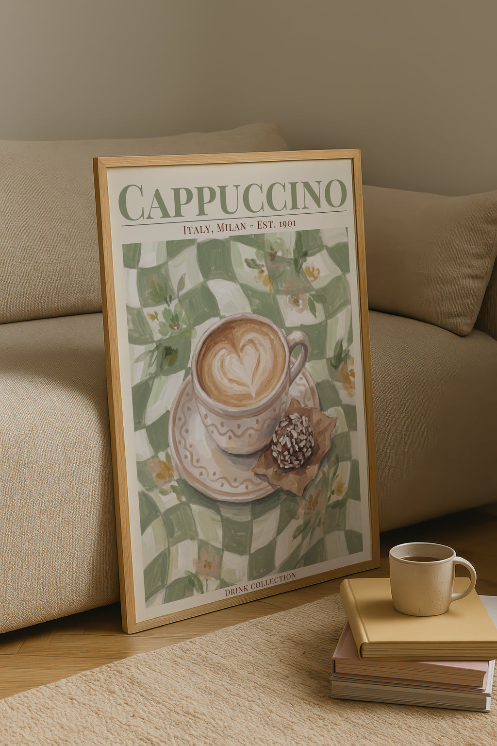Cappuccino affisch i minimalistiskt sovrum – köp enkelt hos Bozetto i hög kvalitet