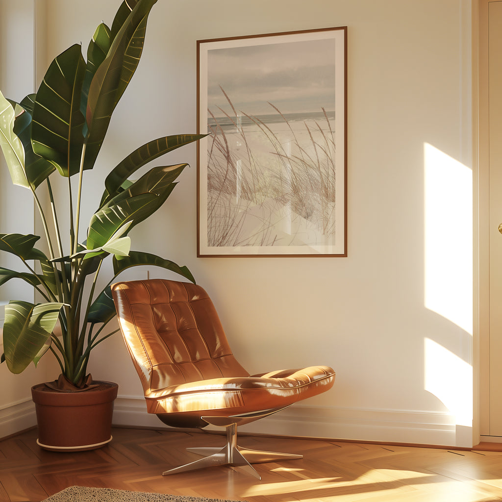 Mockup av Nordic Shore Dune affisch på vägg – köp enkelt hos Bozetto i hög kvalitet