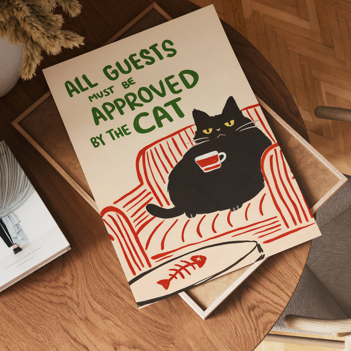 Approved by the Cat konsttryck på vit bakgrund – elegant Bozetto affisch för hemmet