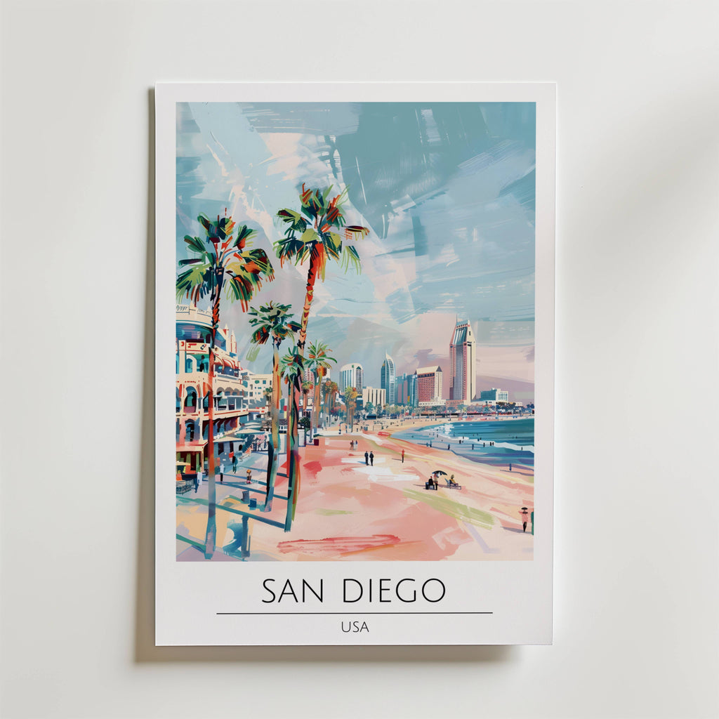 San Diego Beachfront Skyline – stilfullt konsttryck från Bozetto, tryckt på matt finpapper