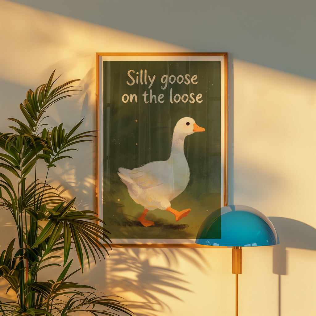 Väggmockup av Silly Goose affisch på ljus tegelvägg – Bozetto konsttryck i hög tryckkvalitet