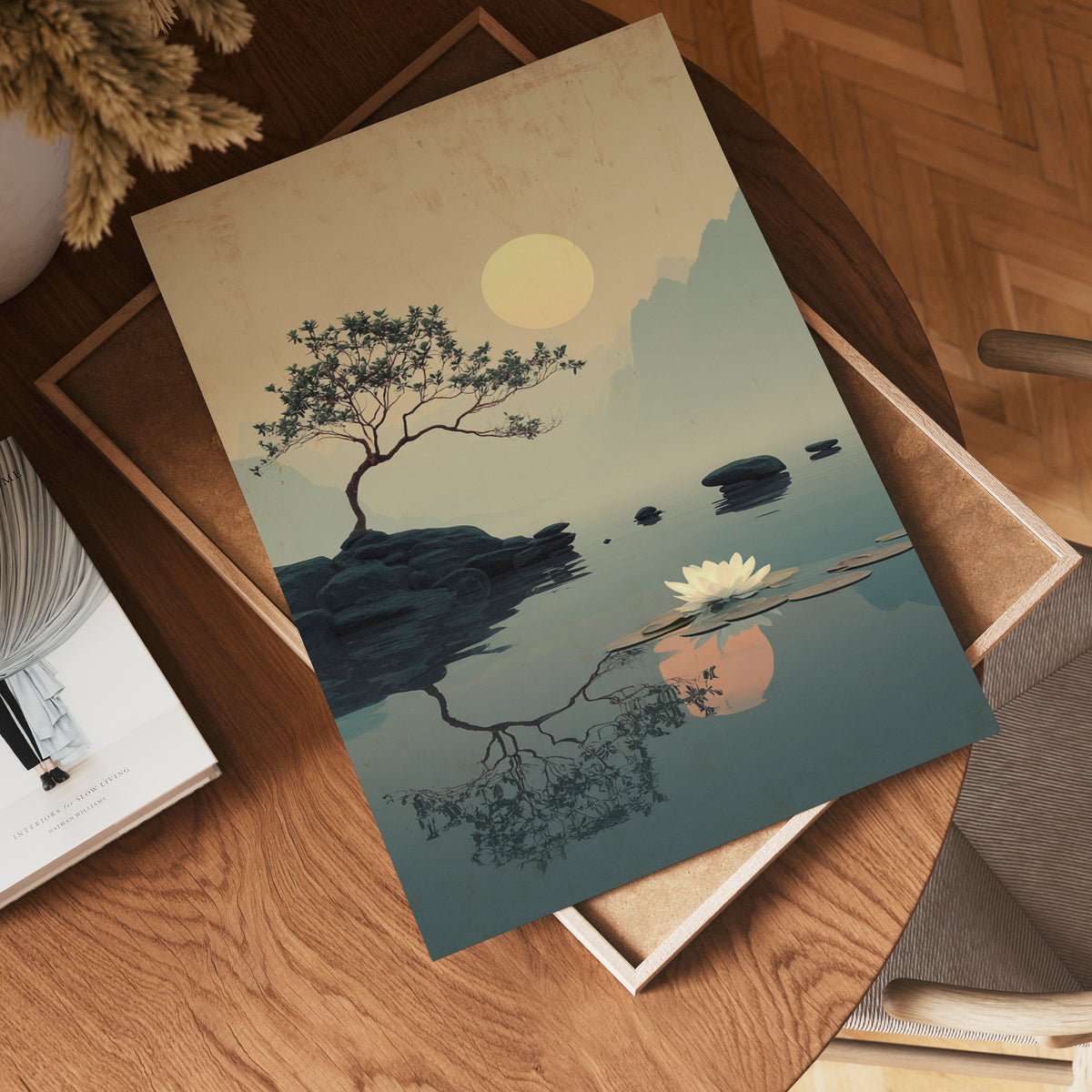Golden Stillness Lake poster visad rakt fram – Bozetto affisch i hög tryckkvalitet