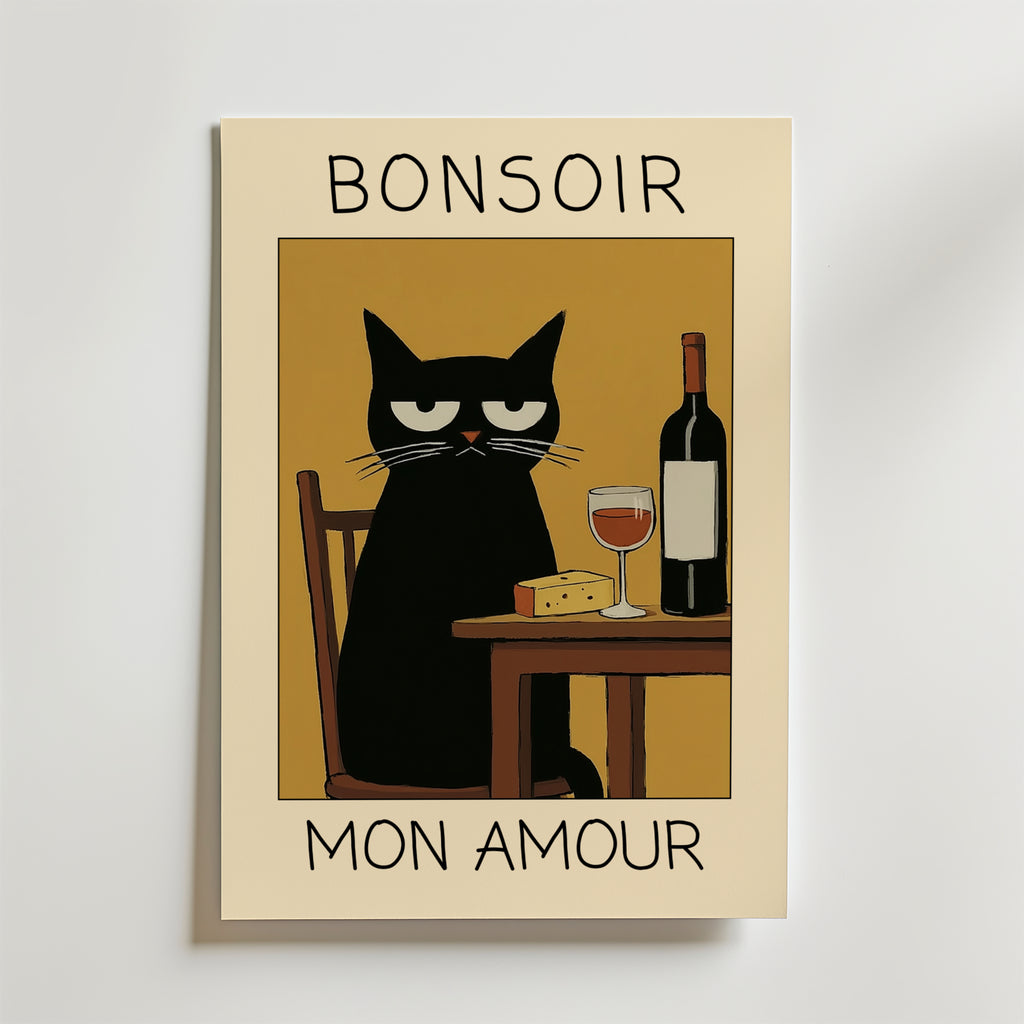 Midnight Wine Cat – stilfullt konsttryck från Bozetto, tryckt på matt finpapper i hög tryckkvalitet