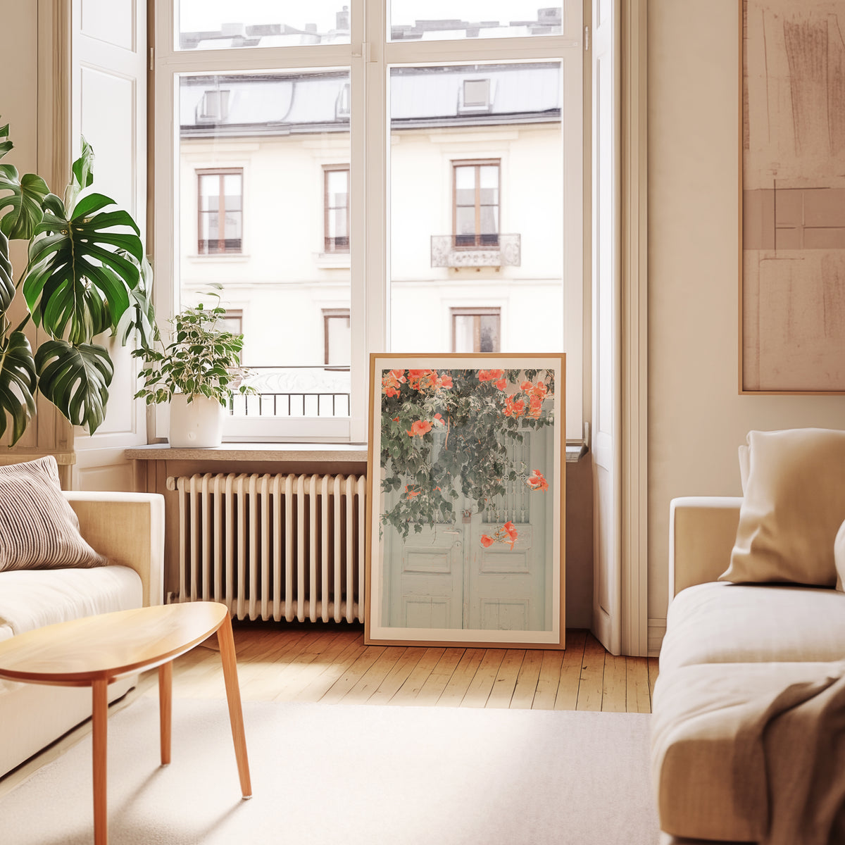 Väggmockup av Rustic Floral Doorway affisch på ljus vägg – Bozetto konsttryck – nr 3