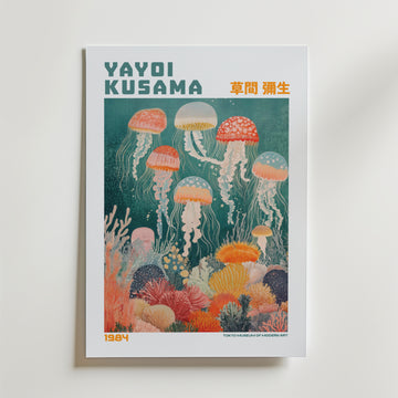 Mockup av Yayoi Kusama Floating affisch på vägg – köp enkelt hos Bozetto i hög kvalitet